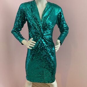 Vintage 90s Sequin Dress Nite Line Niteline V-neck Empire Long Sleeves Green